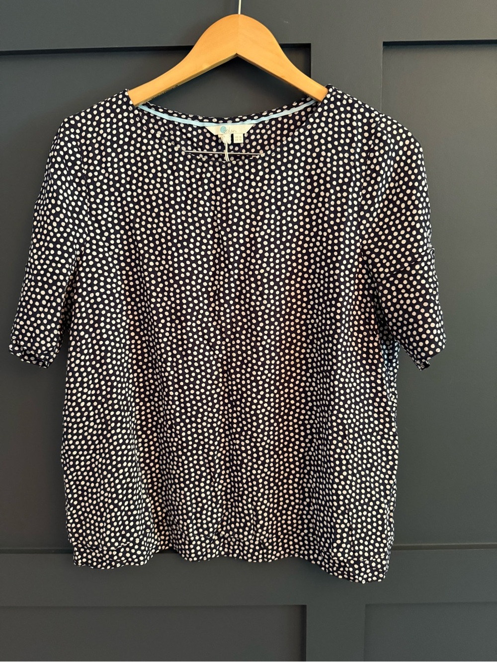 Boden Navy and White Polka Dot Short Sleeve Top